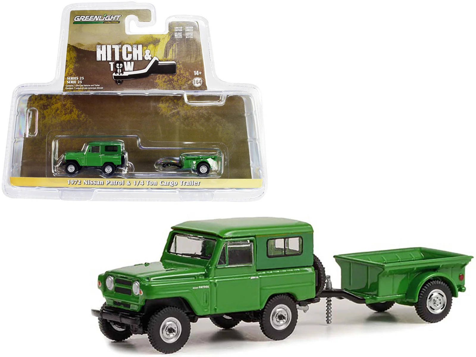 Rimorchio merci Nissan Patrol verde 1/4 tonnellata 1972 modello pressofuso 1/64 - luce verde