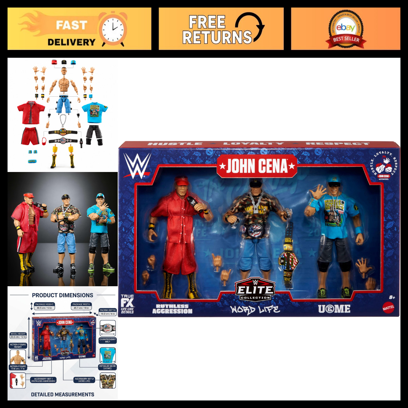 WWE Elite Collection Action Figures Set di 3 - 6" John Cena, 25 Punti Articolato