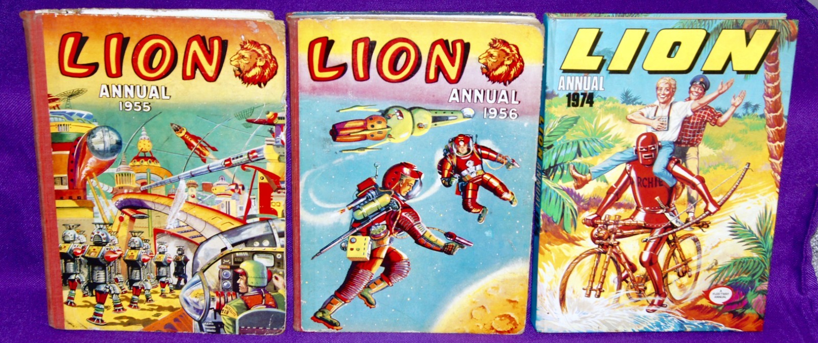 3 Books Lion Annual 1955 1956 1974 - Vintage British Adventure Comic Bundle