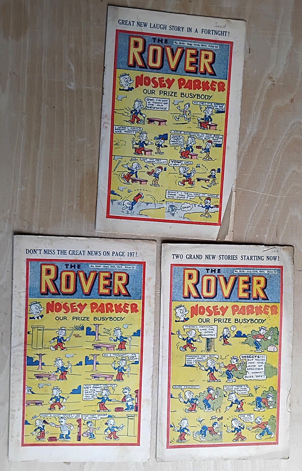 Rover Comics 3 Issues from 1942, 1036 25th July, 1038 22nd Aug & 1040 19th Sept