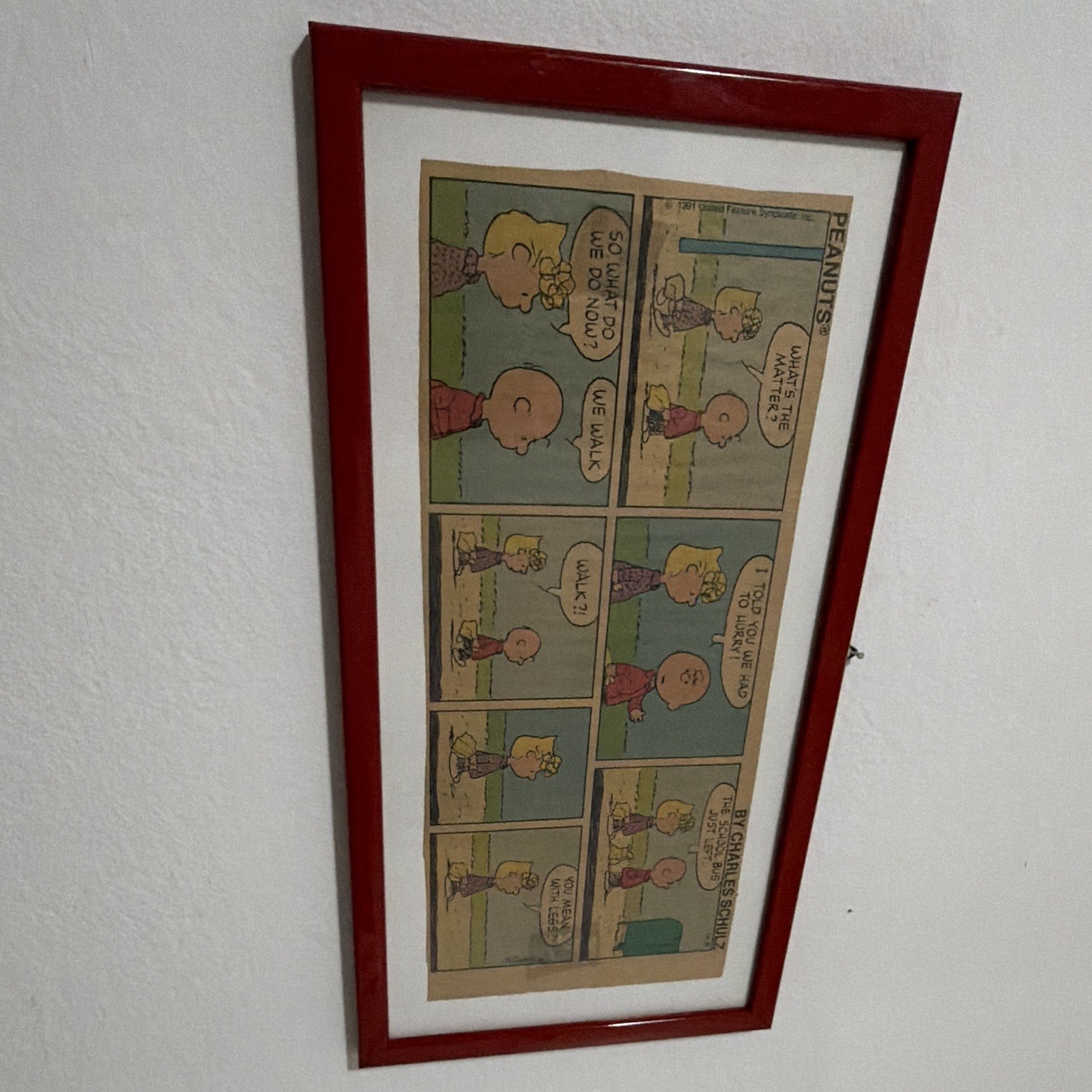 Peanuts striscia a fumetti incorniciata, cornice rossa, a colori, Schulz