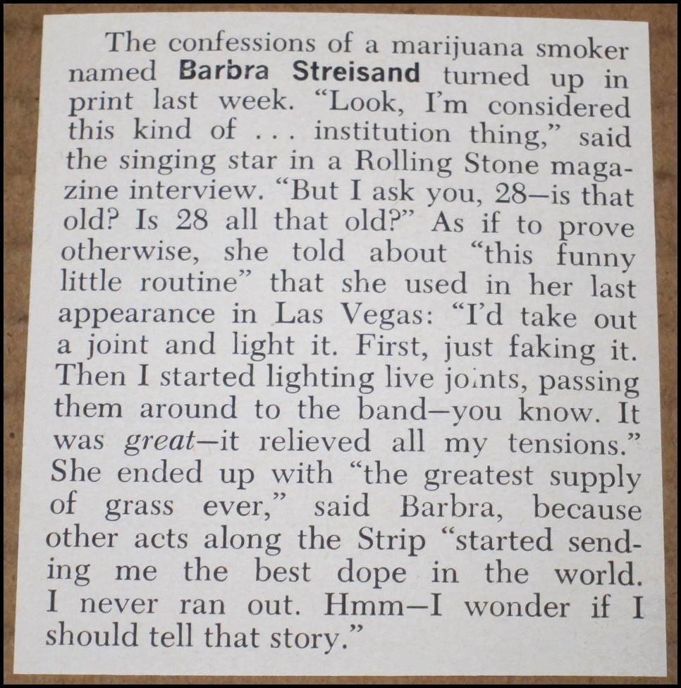 Barbra Streisand fumatore marijuana 1971 articolo Newsweek pocket clipping vaso vintage