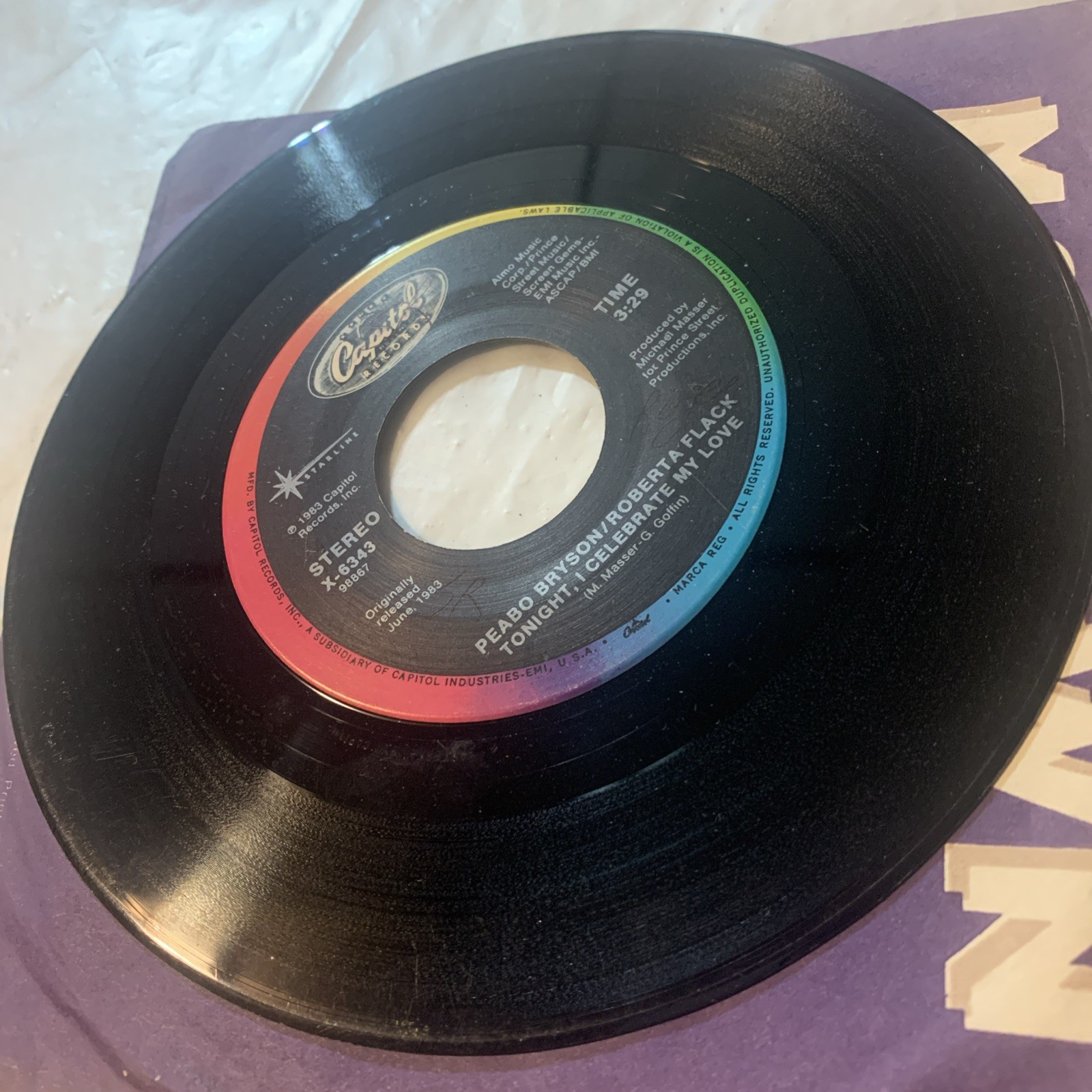 PEABO BRYSON/ROBERTA FLACK Tonight, I Celebrate My Love 45 RPM CAPITOL 