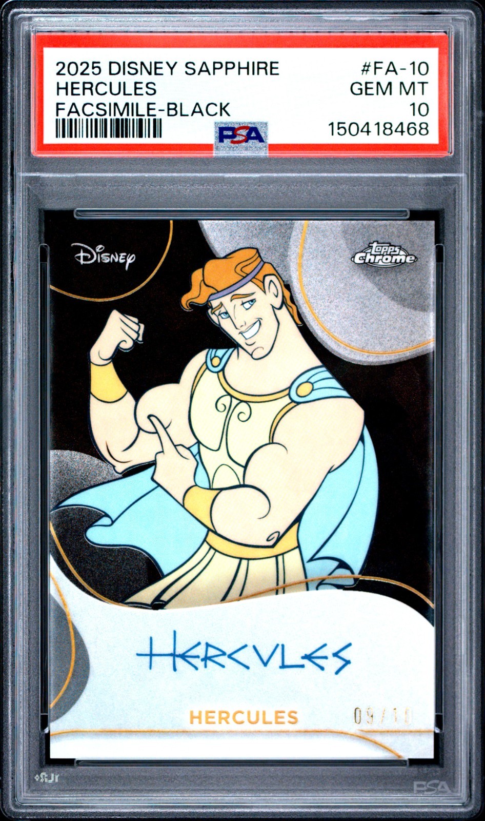 2025 Topps Chrome Disney Sapphire Facsimile Auto Hercules Black /10 PSA 10