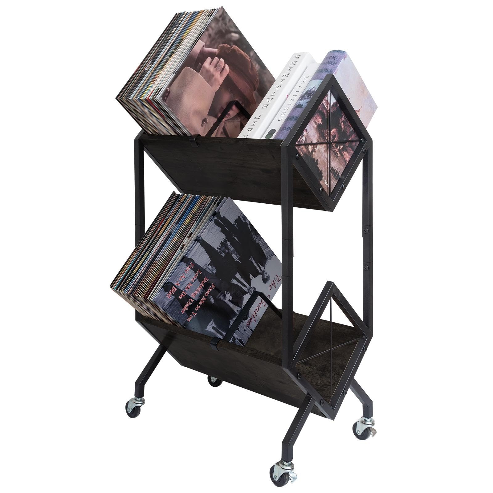 SwaaVee Vinyl Record Storage Holder with Wheels, 2-Tier 2 Tier- Black