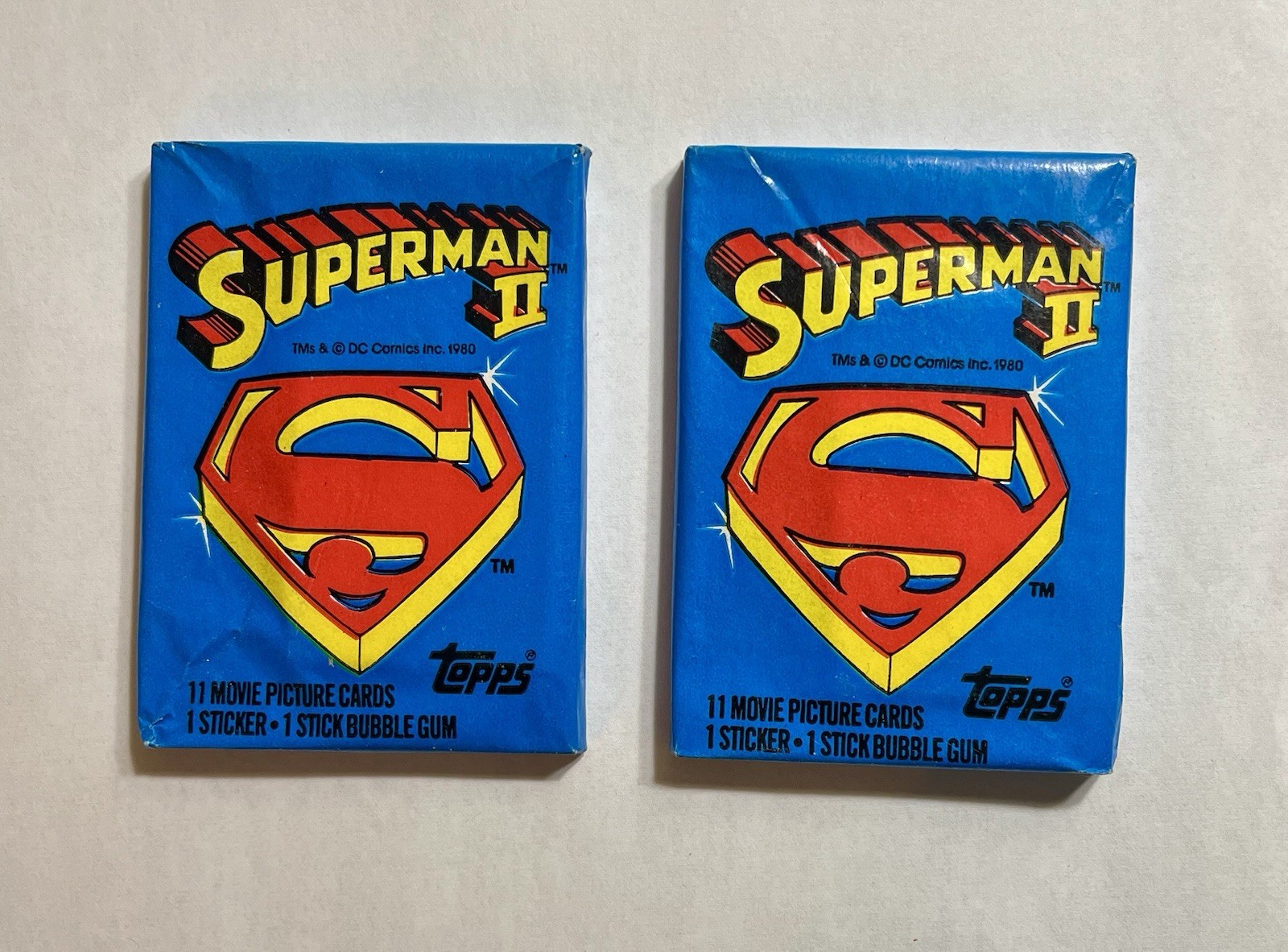 Lotto di 2 confezioni cera Topps Superman II 1981 sigillate mai aperte 11 carte per confezione