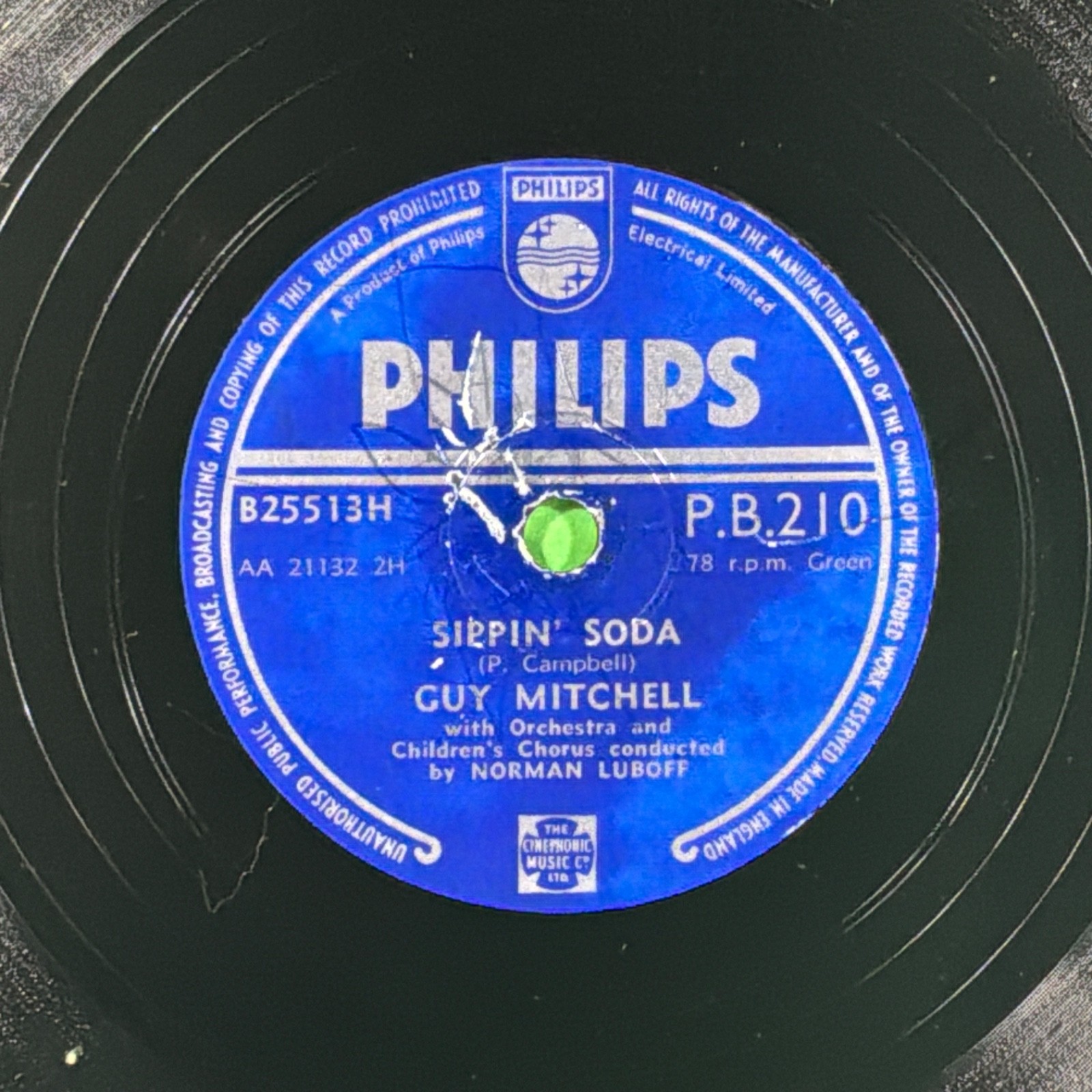 Guy Mitchell 78 RPM Record Cloud Lucky Seven Sippin Soda Philips PB210 10 Shella