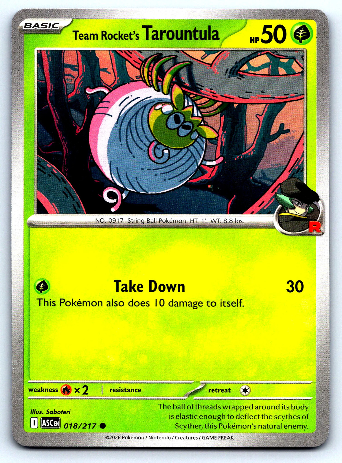 Carta Pokemon Team Rocket's Tarountula Ascended Heroes #18 Saboteri comune quasi nuova