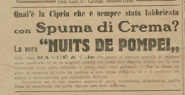PUBBLICITA' ORIGINALE VINTAGE  DEL 1927 : NUITS DE POMPEI , SPUMA DI CREMA