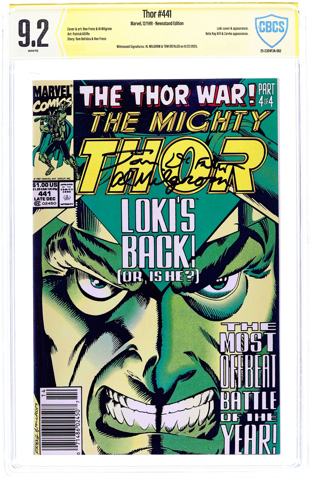 Thor #441N CBCS 9.2 Edicola Testimone Sig Milgrom/DeFalco 1991 25-23D4F3A-062