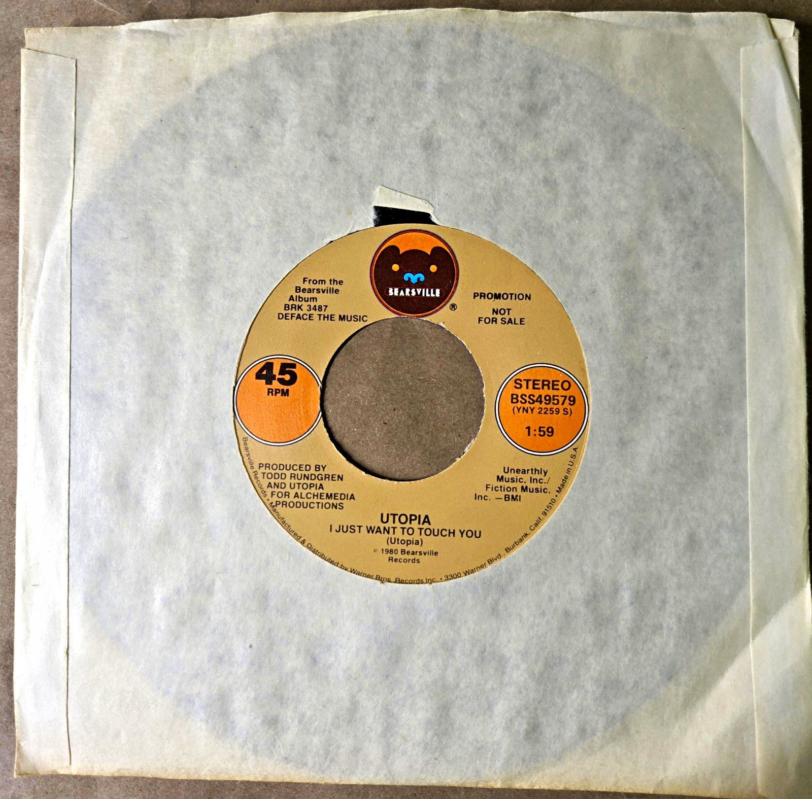 Utopia I Just Want to Touch You 7" 45 RPM Promo Bearsville 1980 BSS49579