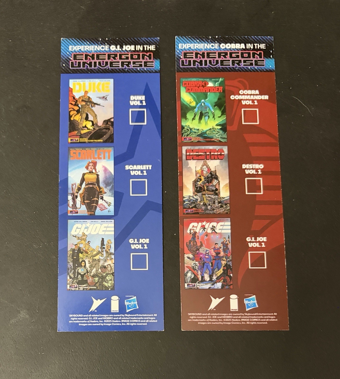 Segnalibro promozionale Energon Universe GI Joe Cobra 2025 Duke Scarlett Destro Skybound