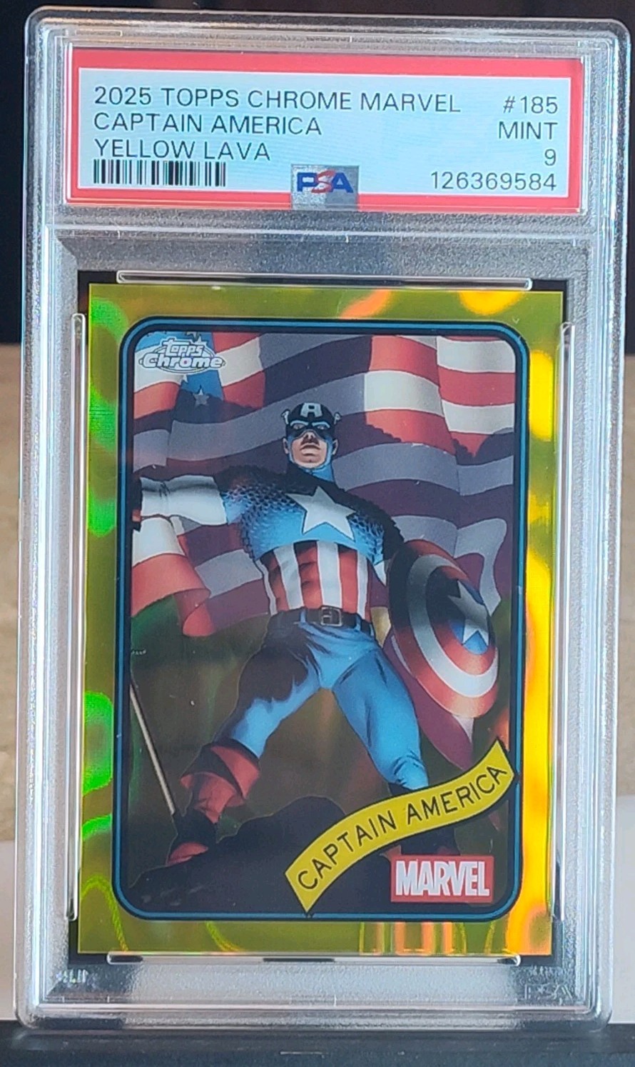 2025 Topps Chrome Marvell #185 Captain America - Yellow Lava PSA 9