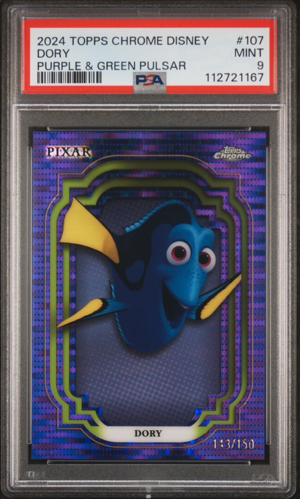 TOPPS CHROME DISNEY 2024 #107 DORY PURPLE & GREEN PULSAR /150 PSA 9