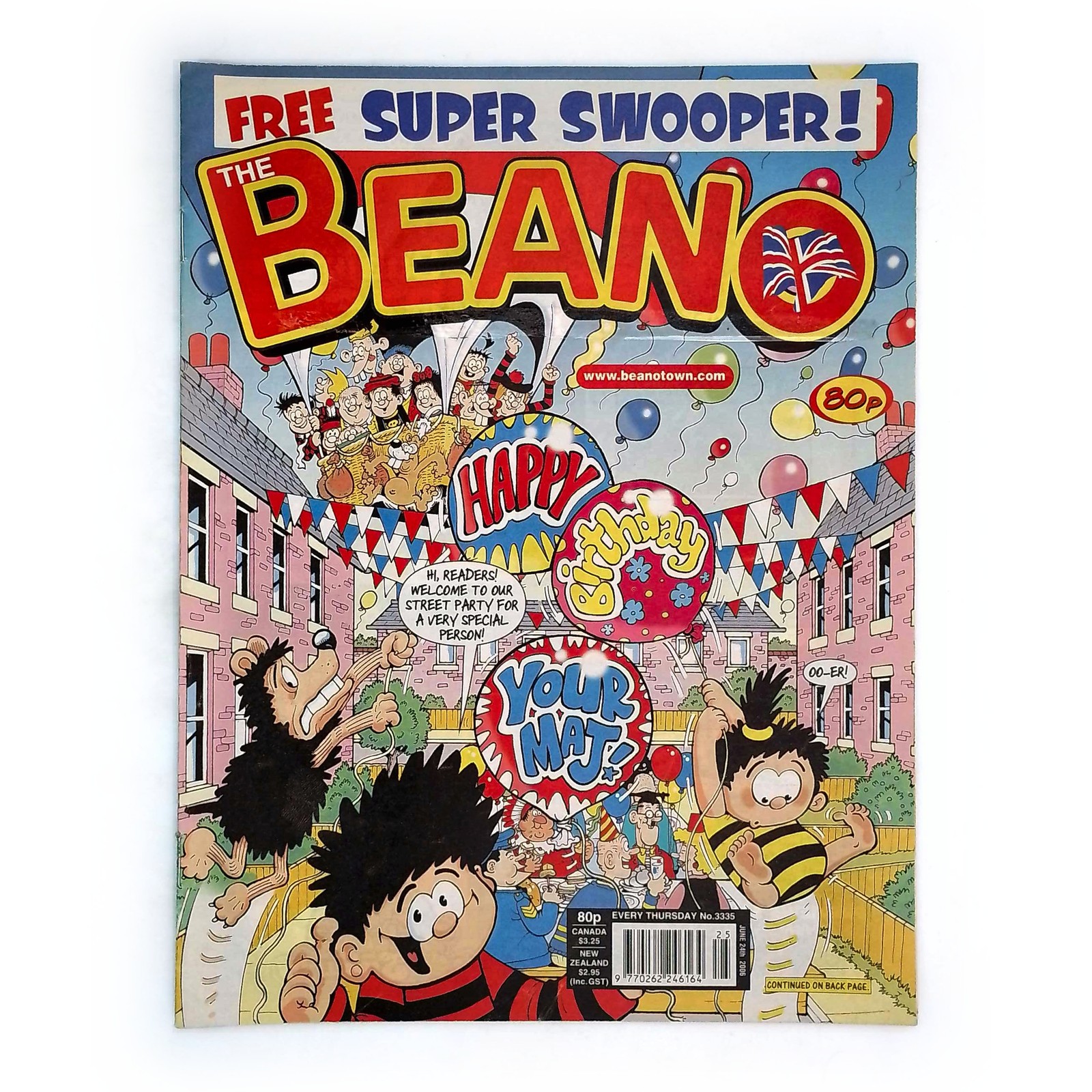 Beano Comic No. 3335 (2006) June 24th Dennis Gnasher Happy Birthday Maj Queen UK