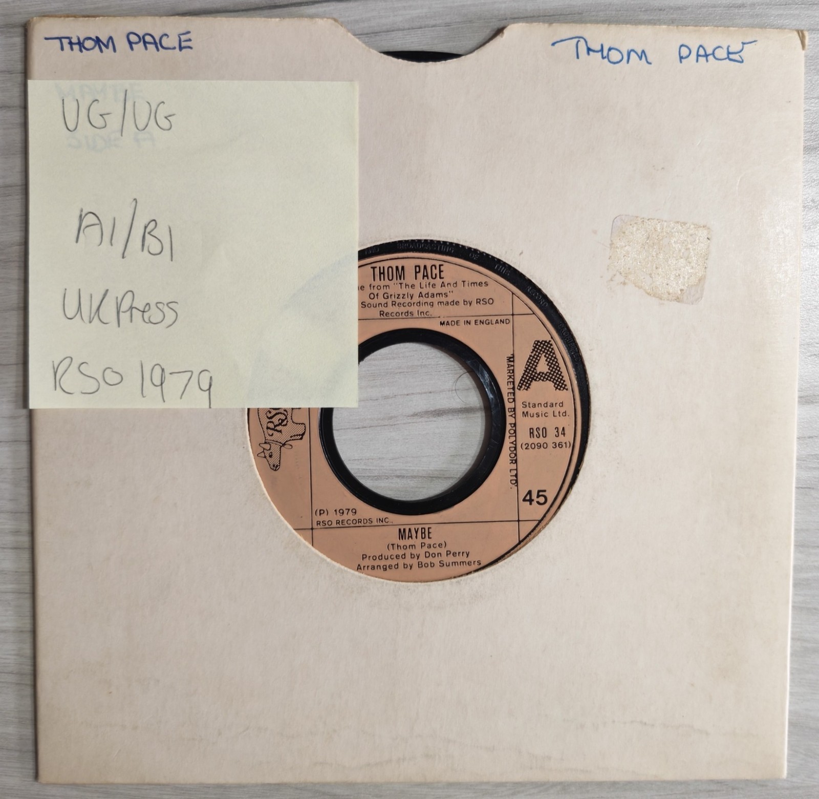 Thom Pace Maybe Vinyl Record 7" VG/VG RSO 34 1979