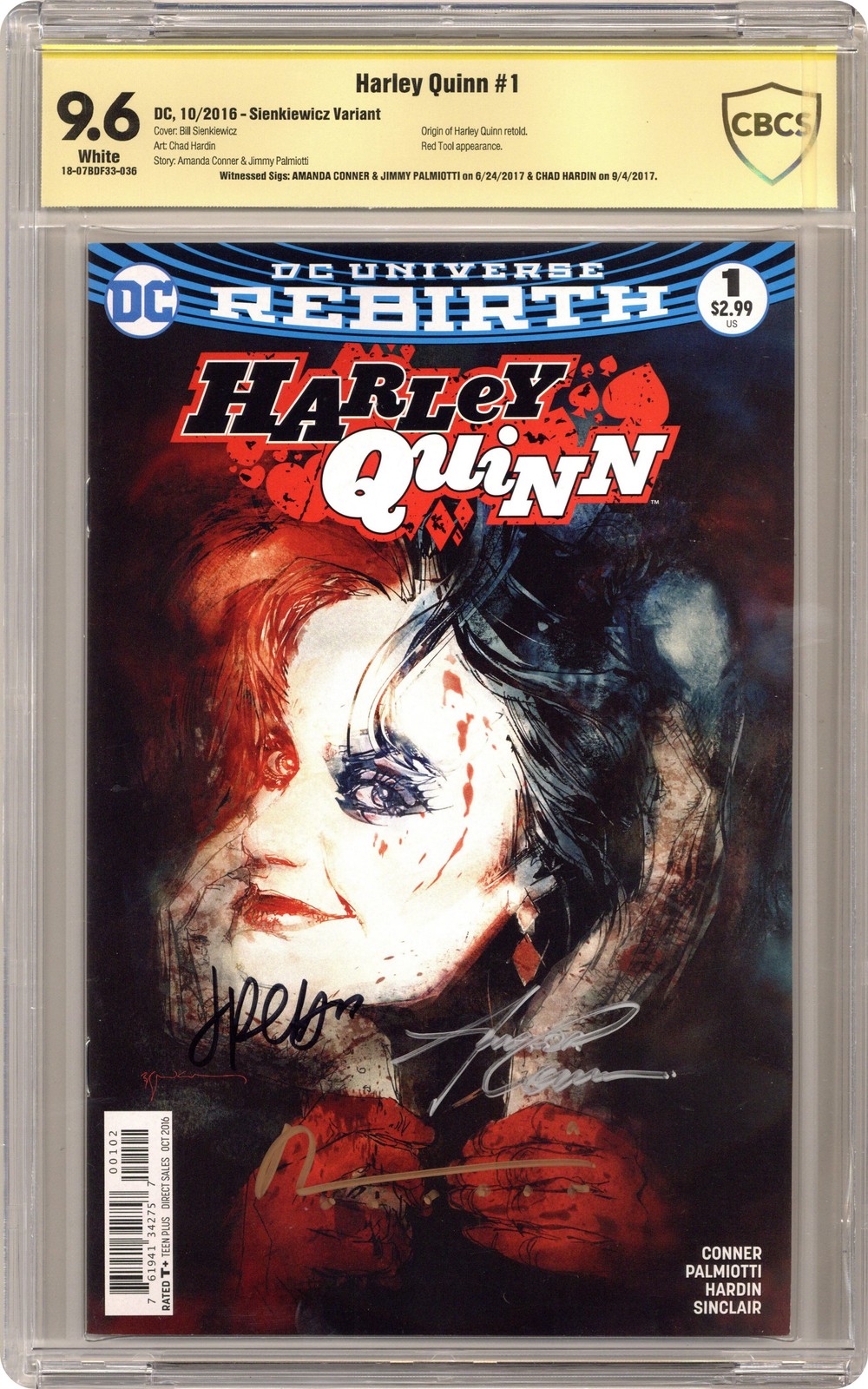 Harley Quinn 1B Sienkiewicz CBCS 9.6 Testimone Sig Conner/Palmiotti/Hardin 2016