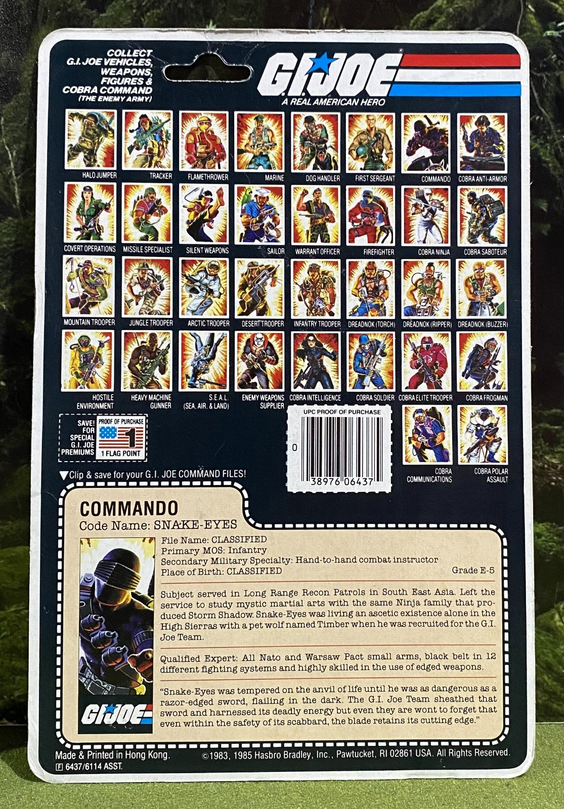 G.I. 1985 vintage Joe SNAKE-EYES v2 scheda file pesca completa NON TAGLIATA retro GI 85 ARAH