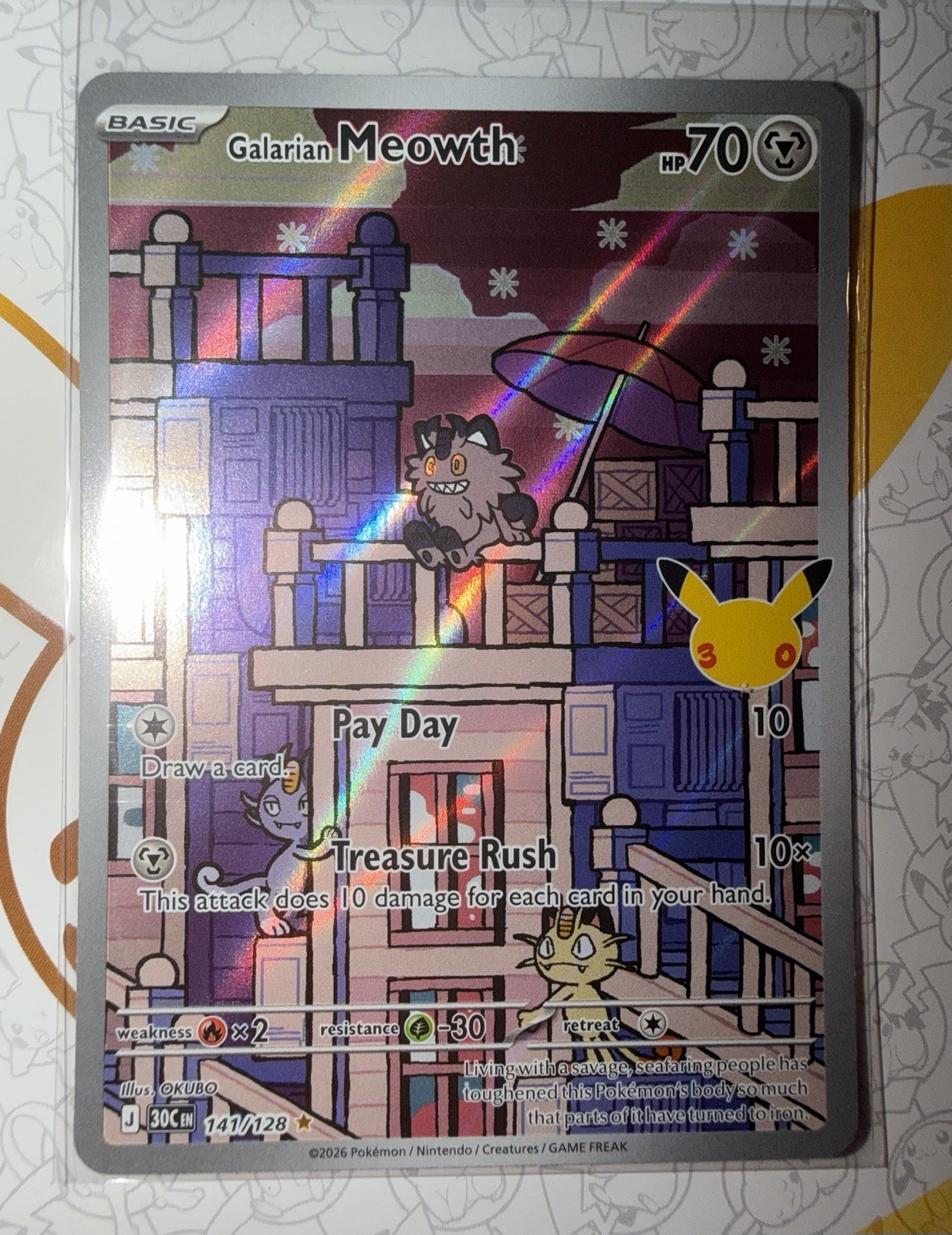 Pokemon 30° Anniversario Illustrazione IR Rara Galarian Meowth #141/128
