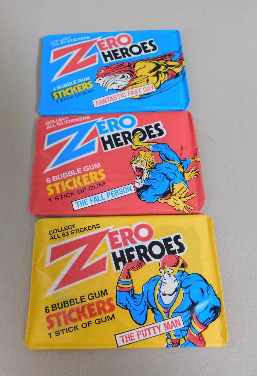 Vintage (3) Sealed Wax PACKS of 1983 DONRUSS ZERO HEROES TRADING CARD STICKERS