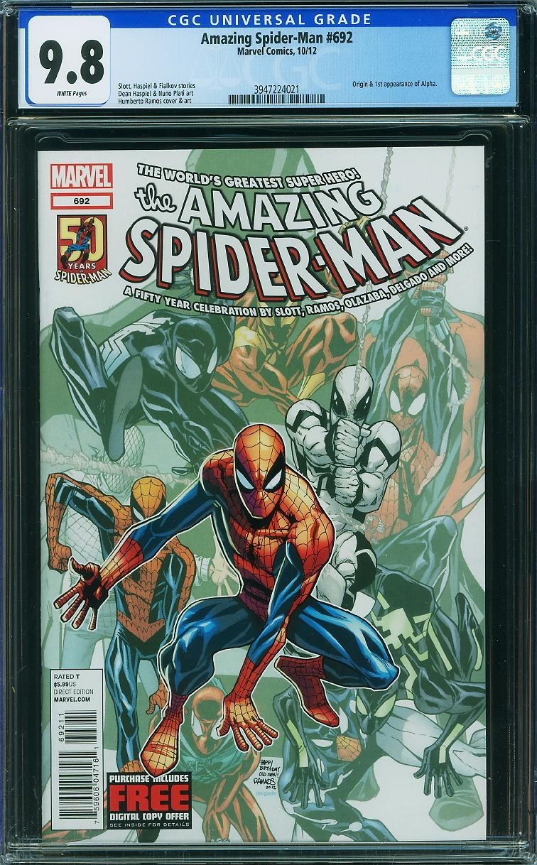 Amazing Spider-Man 692 CGC 9.8 NM-MT WP 1° copertina Alpha Ramos Marvel 2012