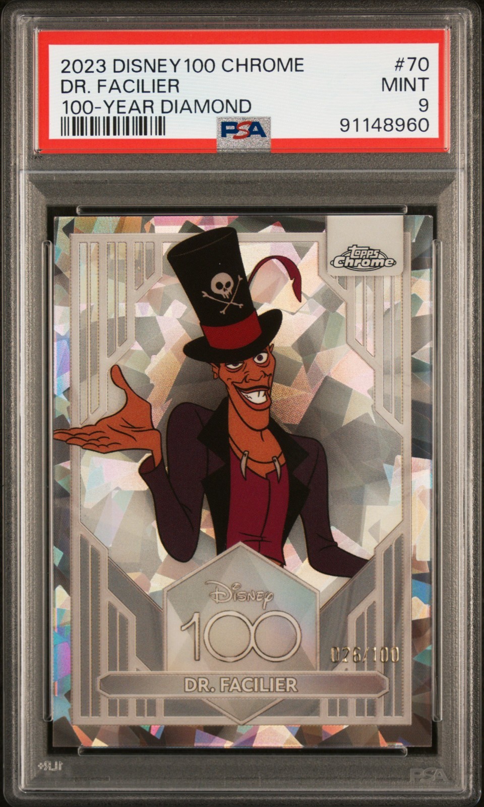 DR. FACILIER 2023 TOPPS CHROME DISNEY 100 ANNI DIAMOND SP 26/100 PSA 9 COME NUOVO