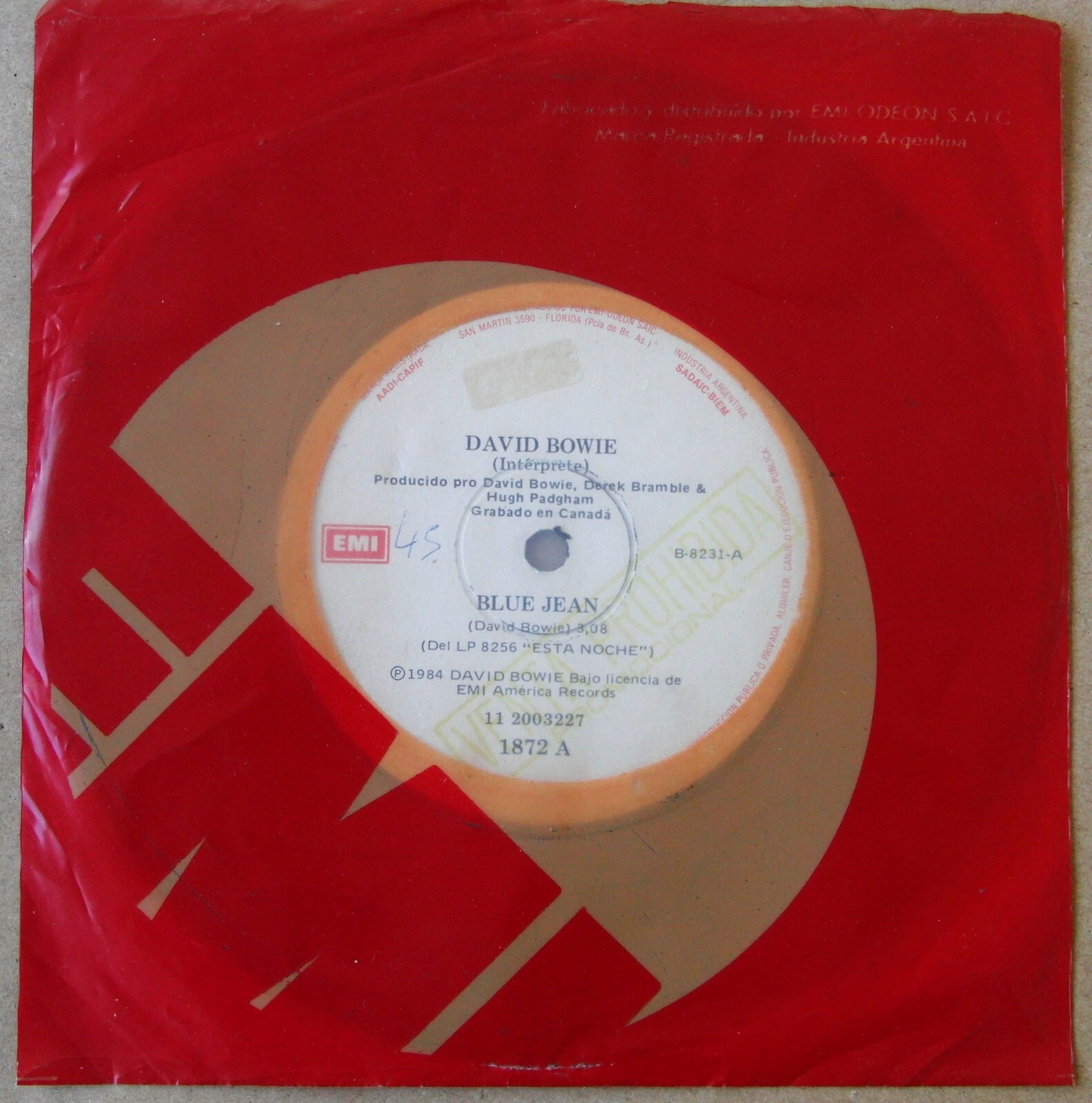 DAVID BOWIE 45 PROMO Blue Jean SOUTHAMERICA 7" 1984 Spanish Titles
