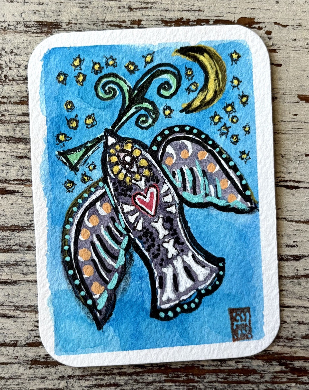 Original ACEO Dia De Los Muertos Bird 2.5" x 3.5" Hand Painted Signed