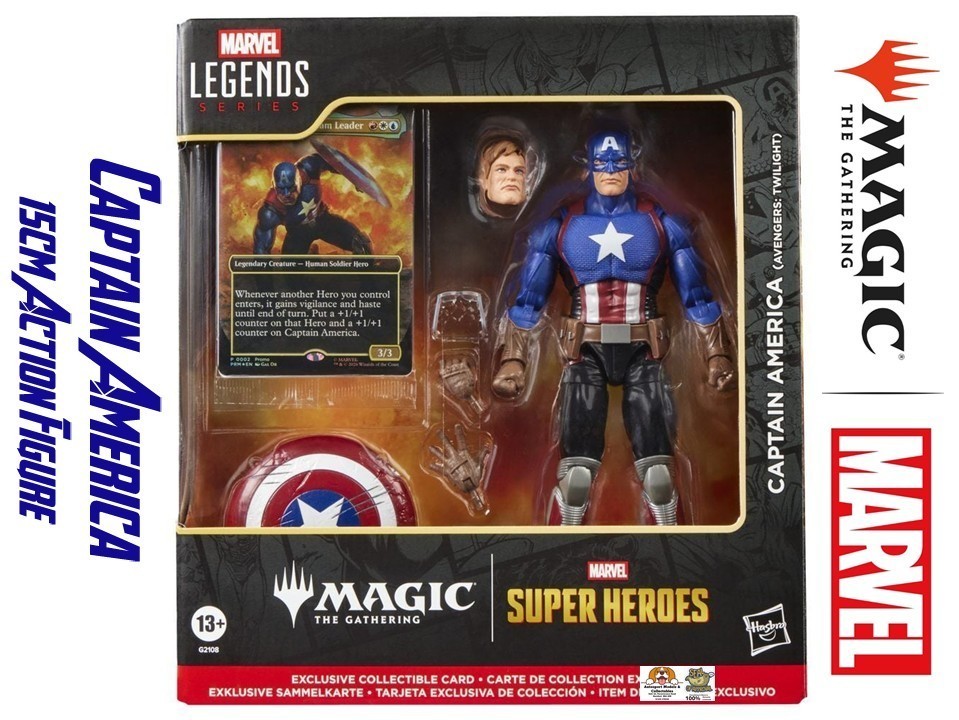 Marvel Legends Magic the Gathering captain America figure and foil game card.