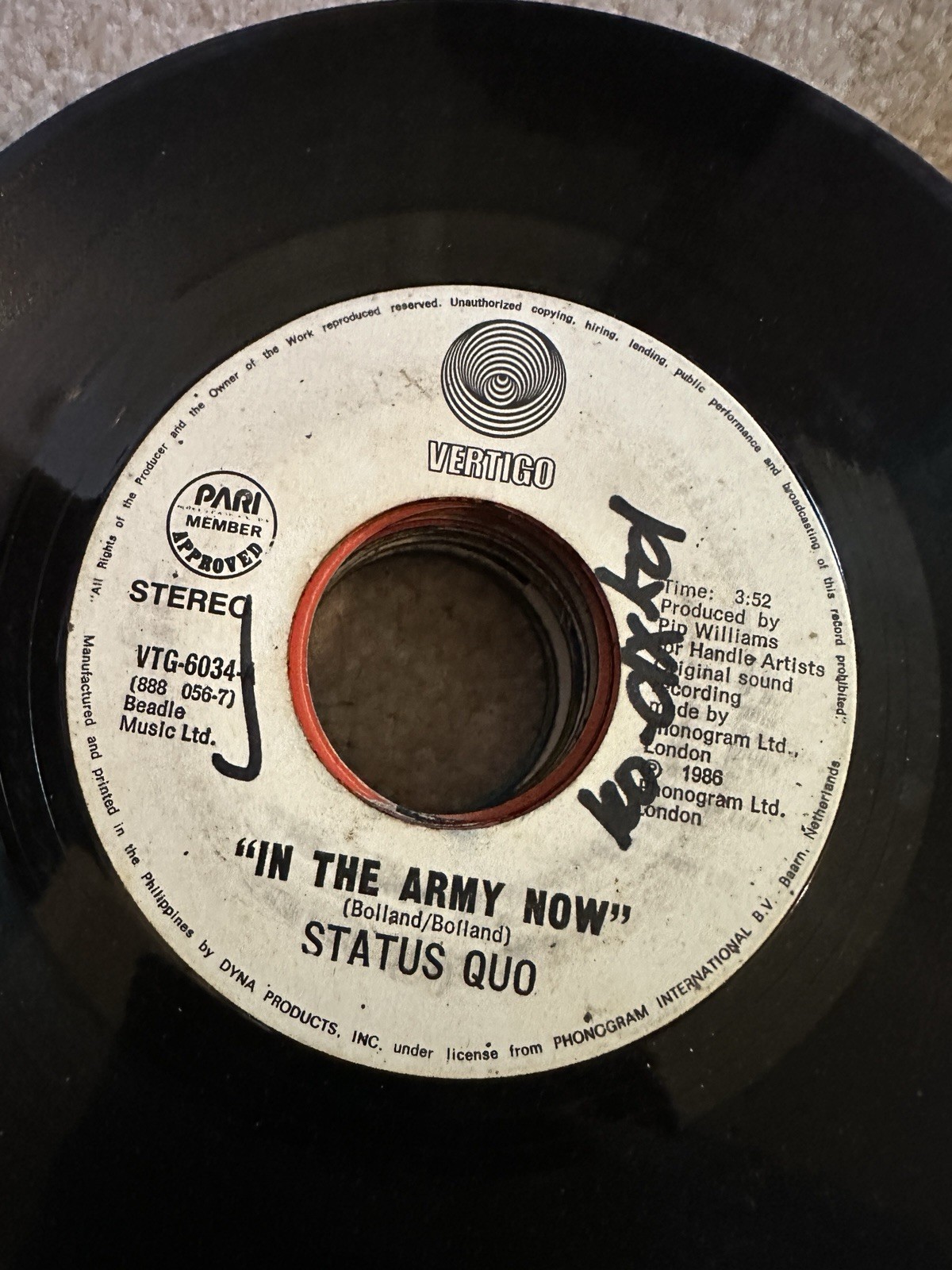 Status Quo 45 rpm Philippines 7" In The Army Now
