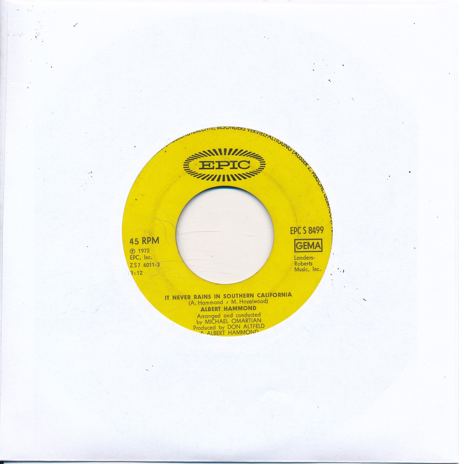 It Never Rains In Southern California Albert Hammond - LC Single 7" Vinyl 178/16
