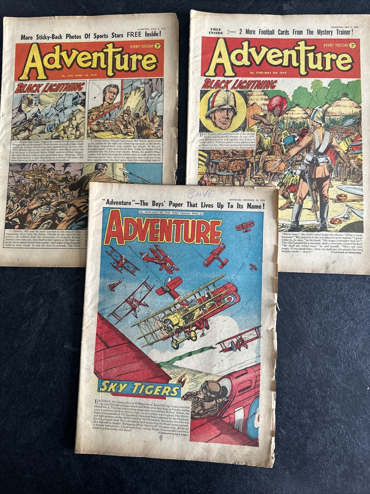 3 X Adventure Comics  April May Nov 1959 British Weekly  vintage boys