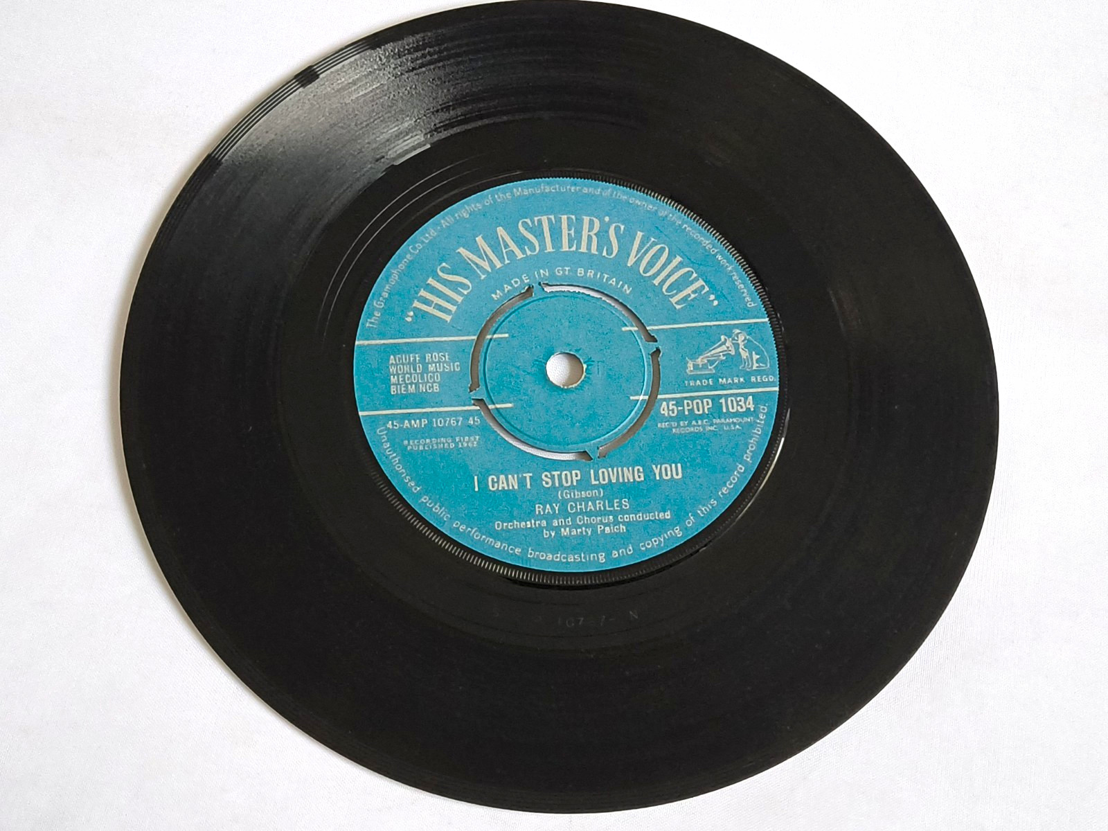 Ray Charles - I Can't Stop Loving You: 7" Single, 45 RPM, HMV 45-POP 1034, 1962
