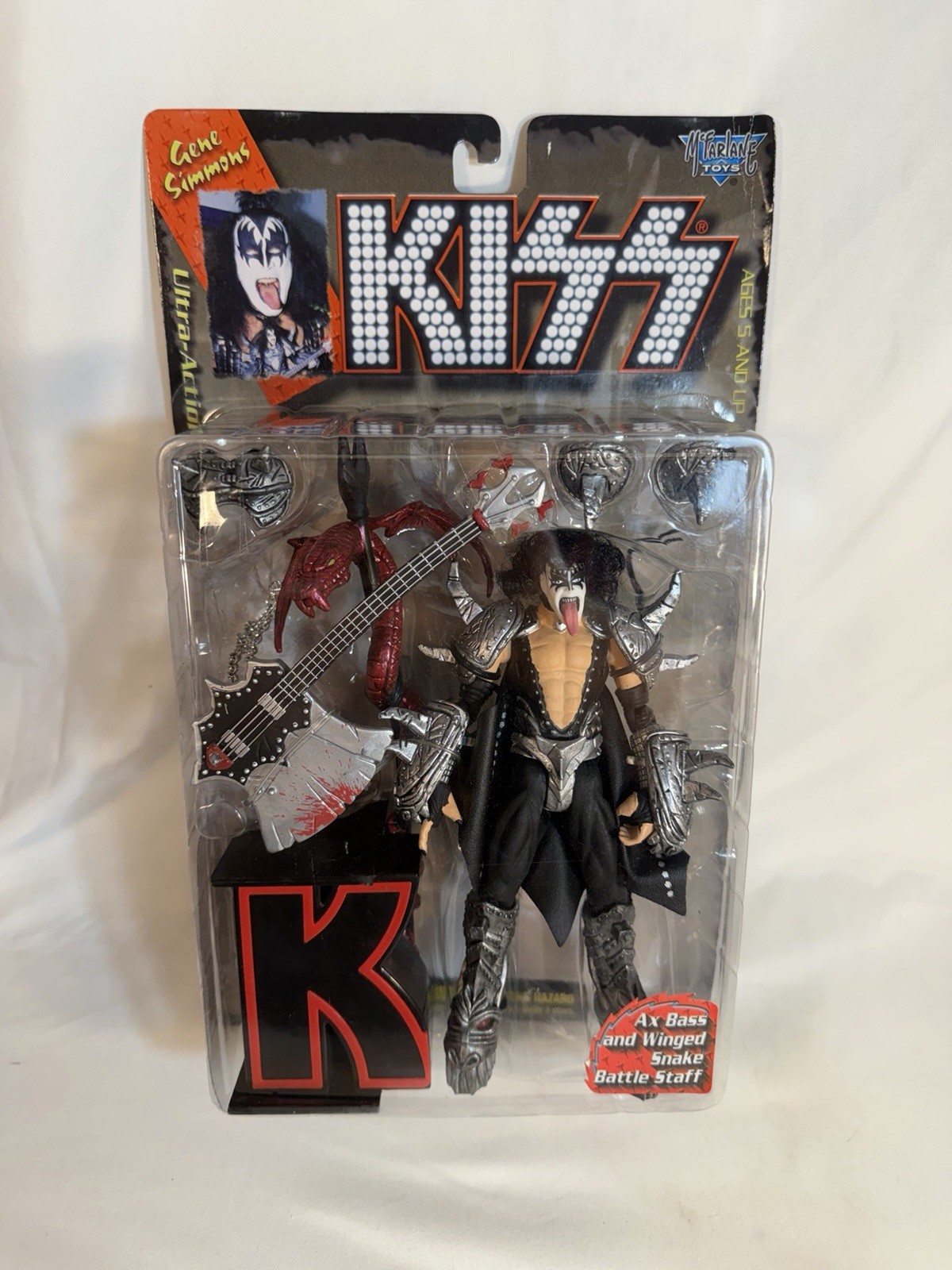 1997 MCFARLANE TOYS KISS GENE SIMMONS FIGURE WITH AX BASS & WINGED SNAKE STAFF