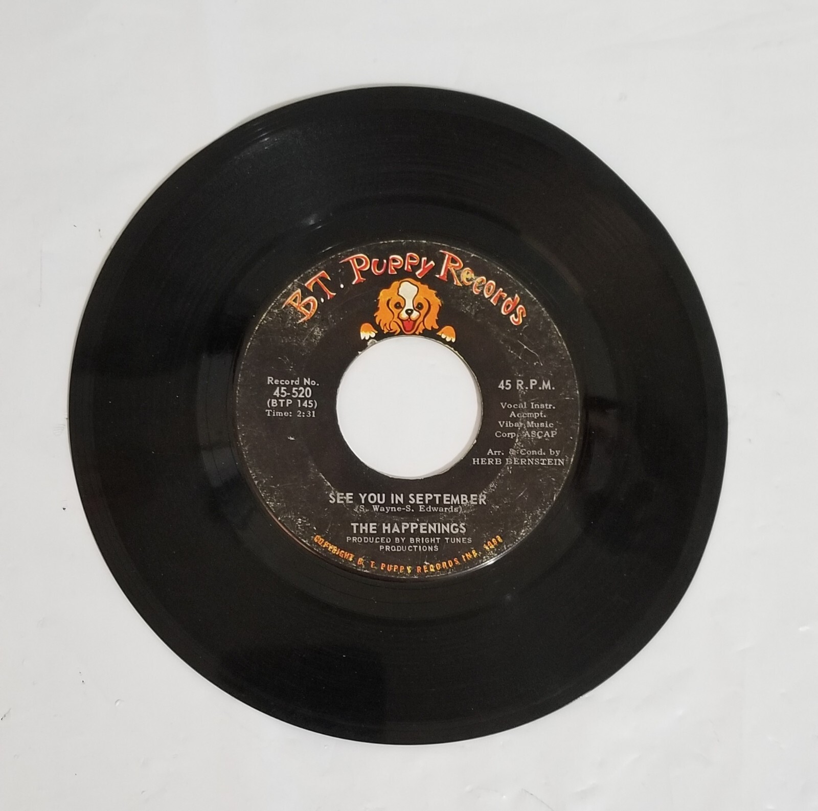 The happenings see you in september/ he thinks hes a hero 45 rpm record