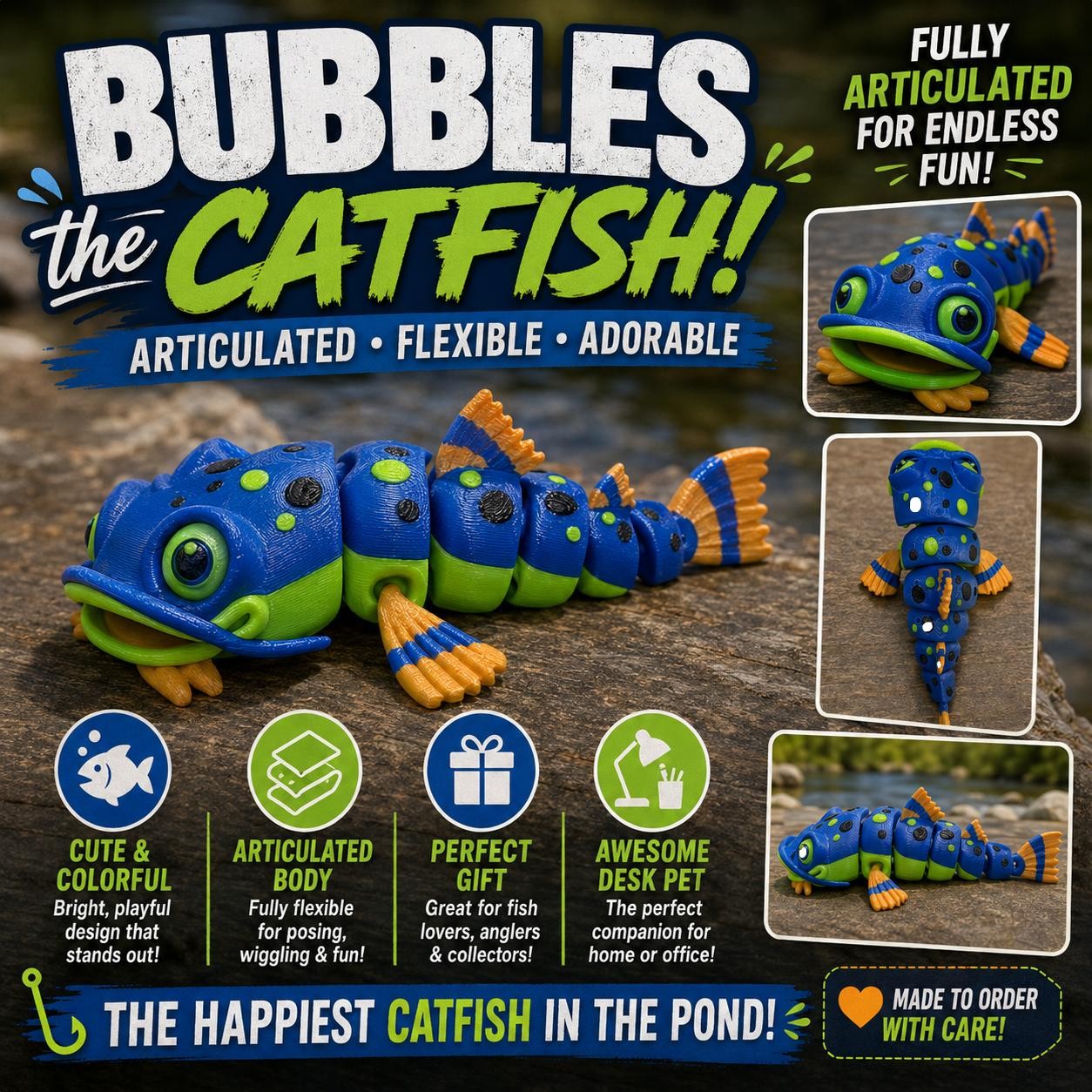 Bolle Pesce Gatto Articolato Stampato 3D Flexi Pesce Pesca Scrivania Pet Toy
