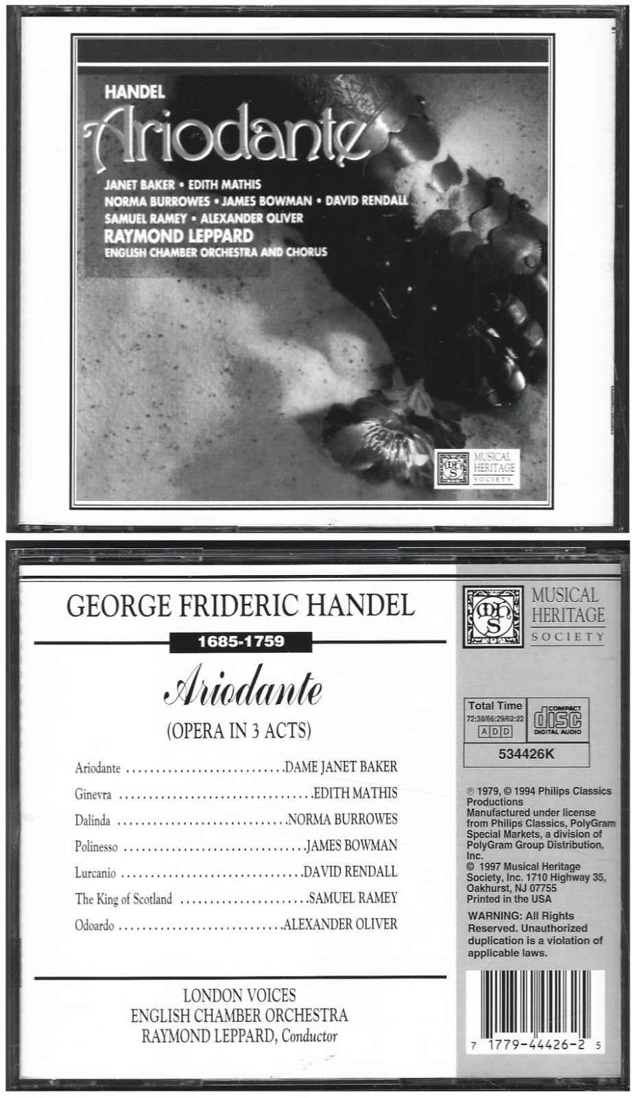 Handel ARIODANTE Janet Baker English Chamber Orch & Chorus Leppard 3 CD Set Fine