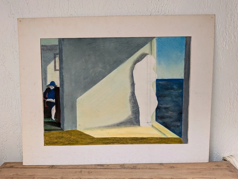 Peinture Originale Signée Intérieur Vue Mer Femme Art Contemporain 65x40