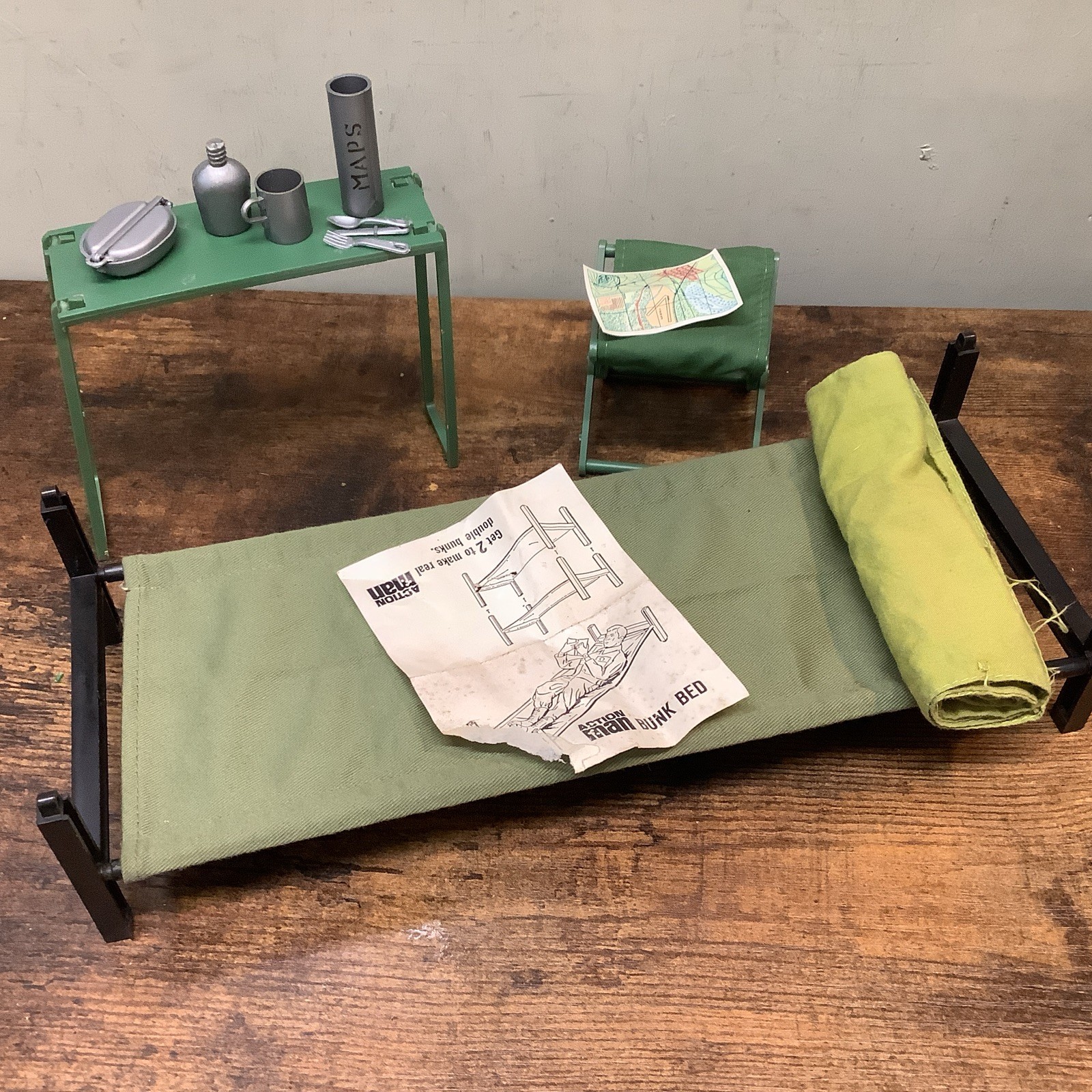Vintage Action Man Bunk Bed Table Chair Sleeping Bag  Mess Kit Map And Case Etc