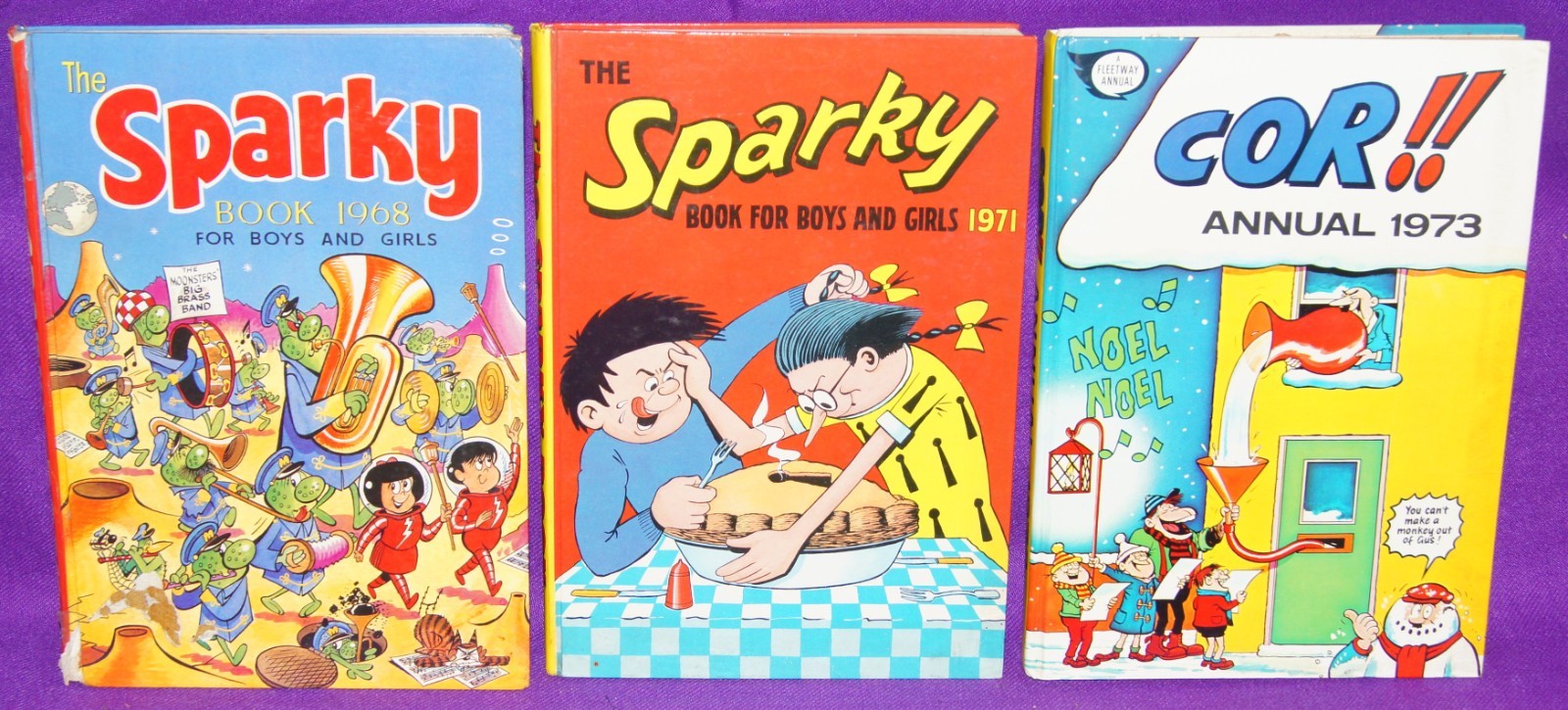3 Vintage Comic Annuals - Sparky Book 1968 & 1971 & Cor!! Annual 1973
