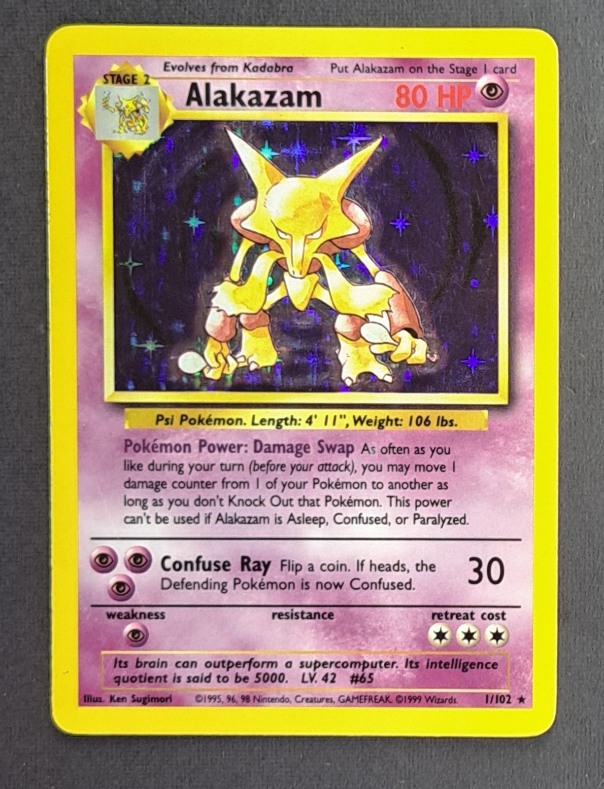 Pokemon Set Base Alakazam 1/102 Holo Raro Illimitato WOTC Vintage 1999 LP