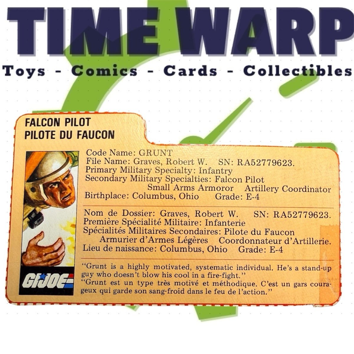 1983 GI Joe Grunt V2 Falcon Glider Pilot Canadian File Card Tan