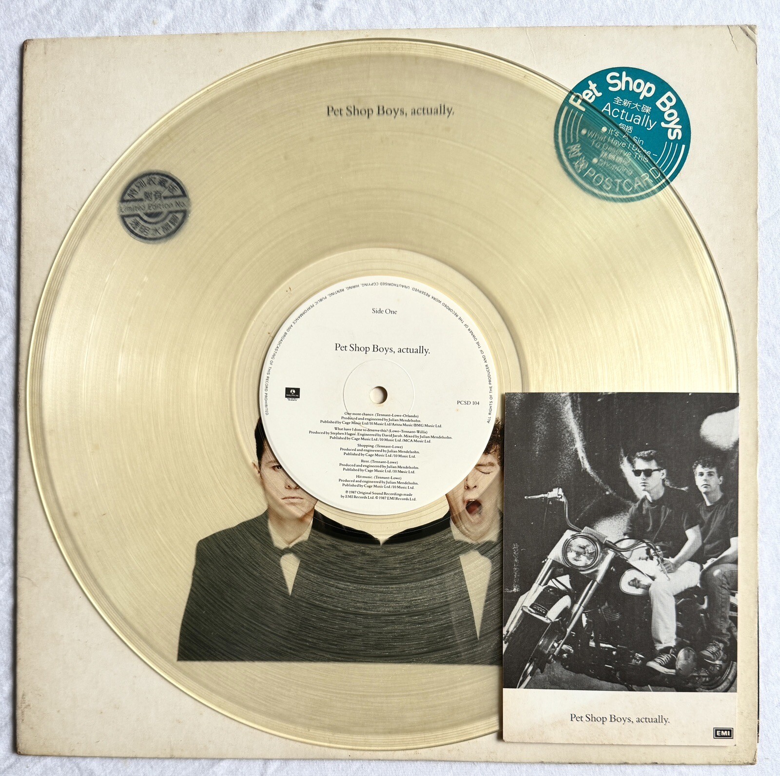 PET SHOP BOYS -Actually- Rare Hong Kong Clear Vinyl LP/Numbered +Postcard +Inner