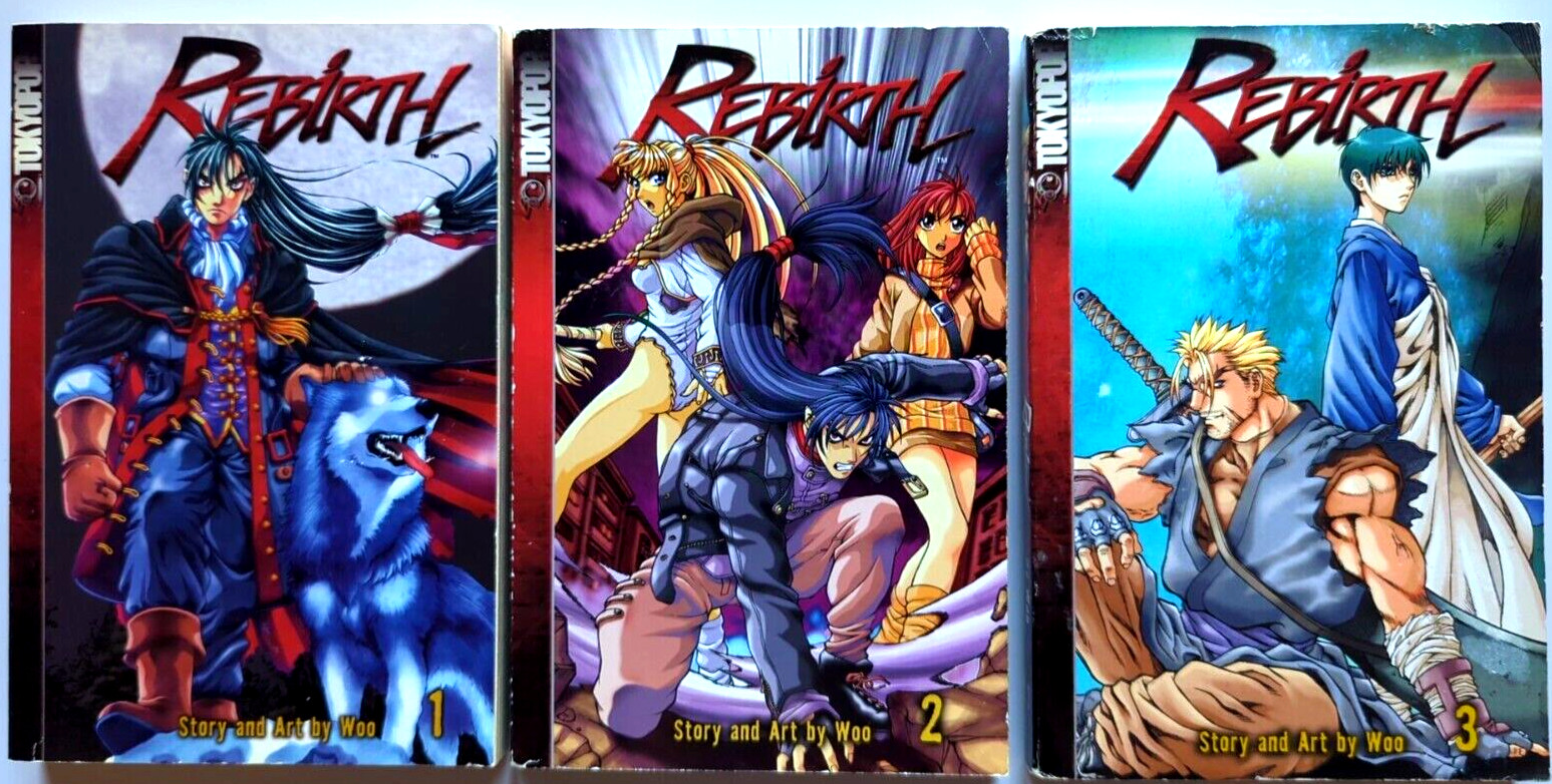 Lotto manga Rebirth Vol 1, 2, 3, prime stampe 2003, Woo, Tokyopop, fuori produzione
