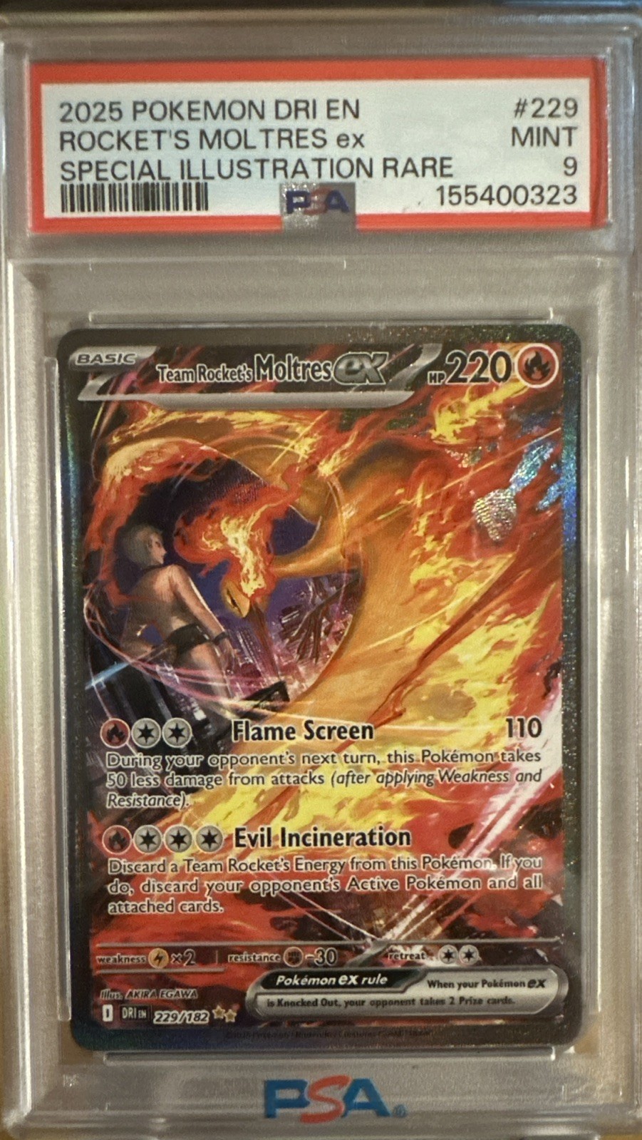 2025 PSA 9 Mint Rocket's Moltres ex 229/182 TCG En Destined Rivals SIR