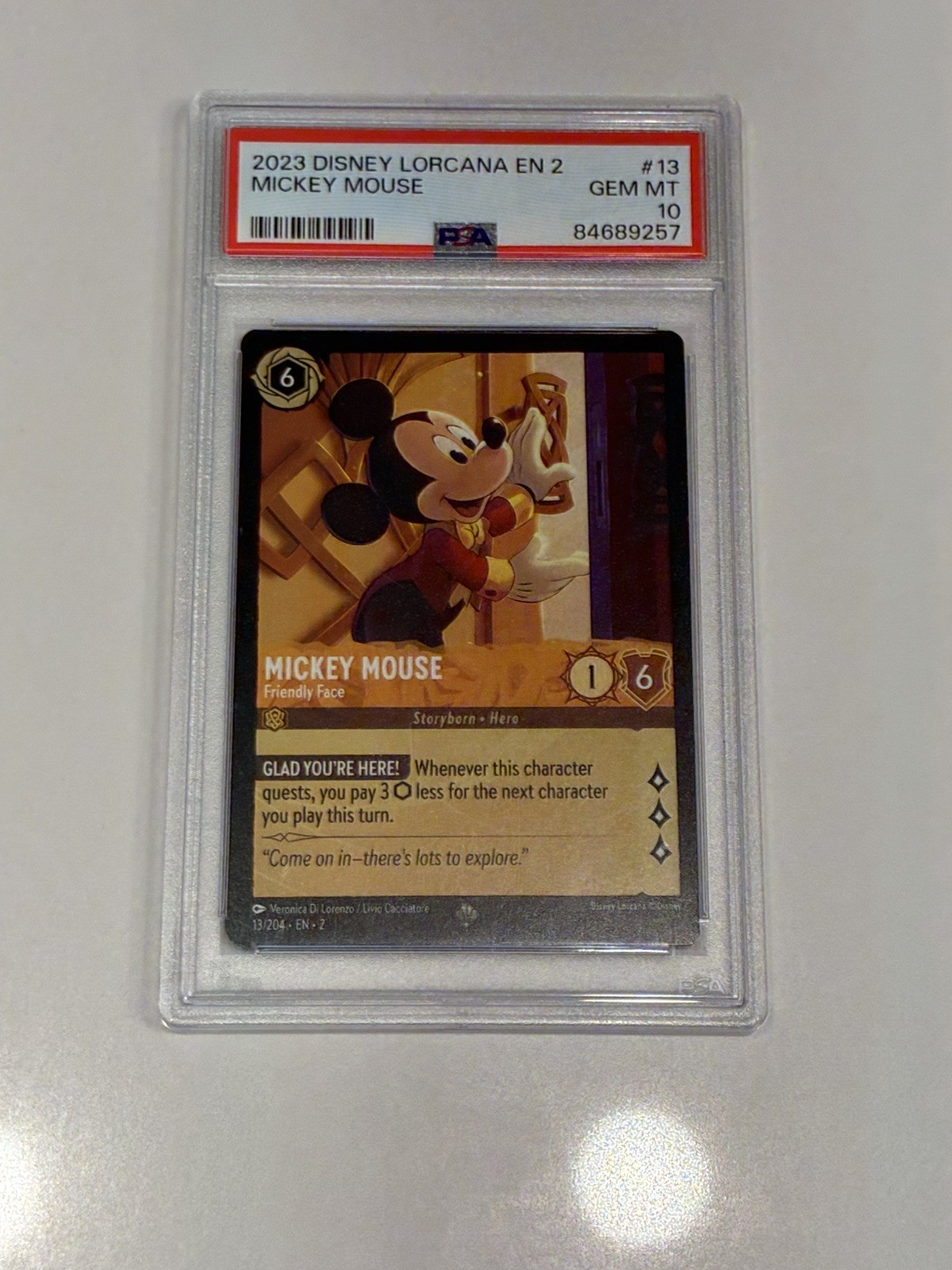 DISNEY LORCANA RISE OF FLOODBORN MICKEY MOUSE FRIENDLY FACE NON FOIL 13 PSA 10