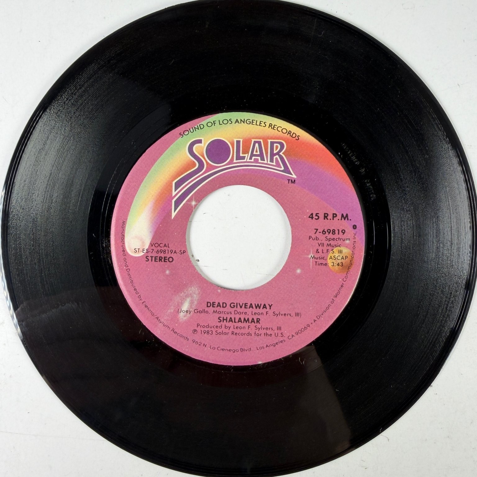 Shalamar – Dead Giveaway 7" Single Record 1983 SOLAR R&B Soul Funk 45 RPM
