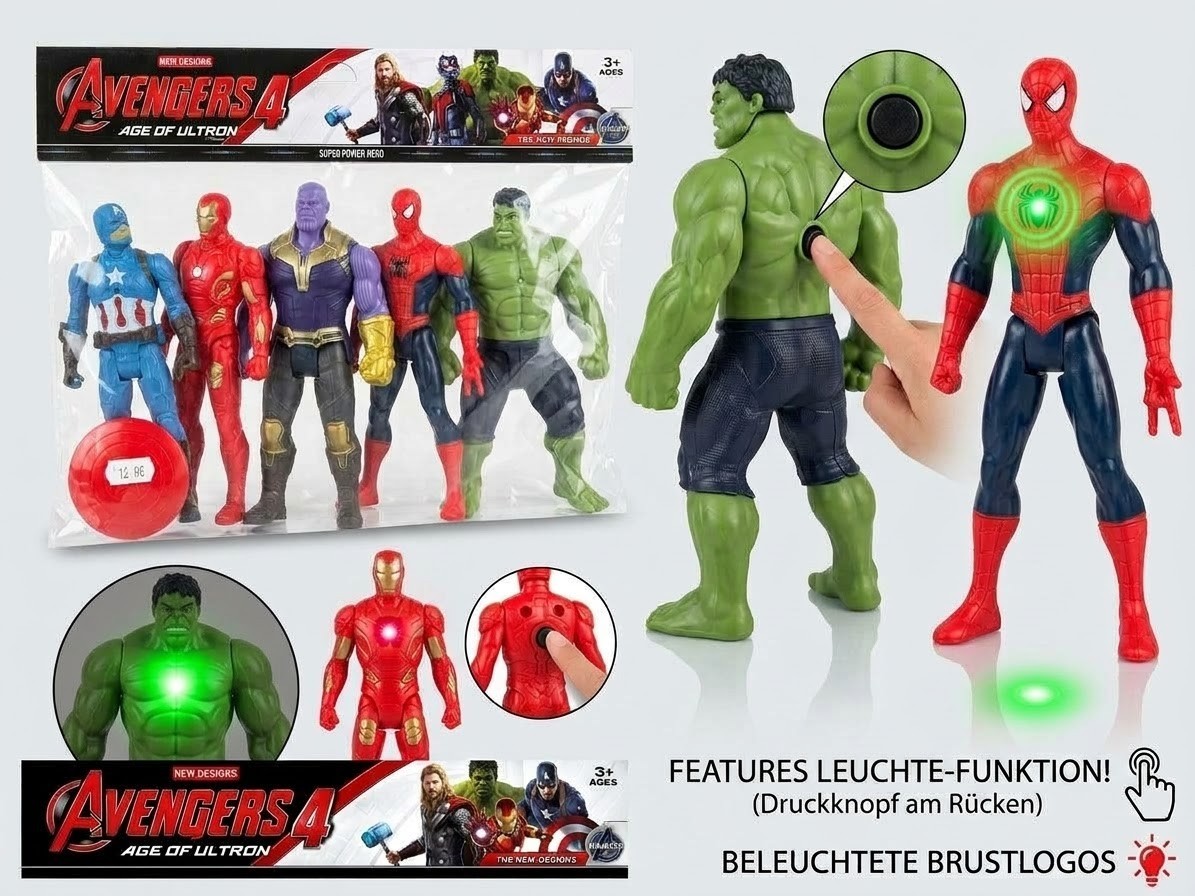 Marvel Avengers Action Figure - Set Completo di 5 con Funzione Luci LED | NUOVO