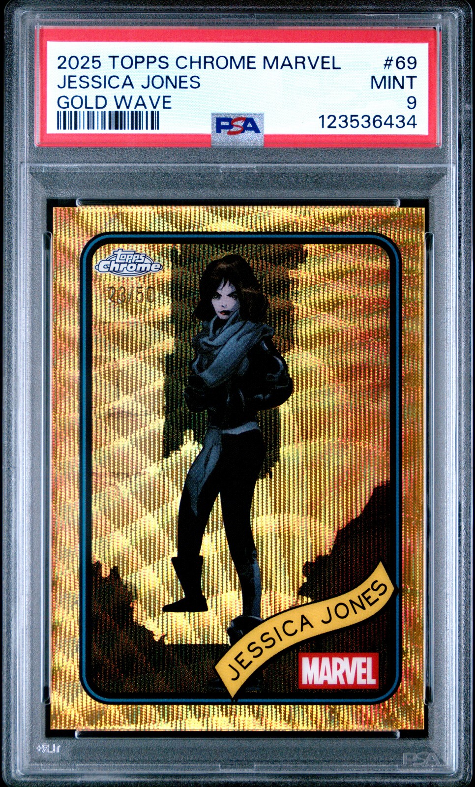 2025 TOPPS CHROME MARVEL GOLD WAVE #69 JESSICA JONES 23/50 PSA 9