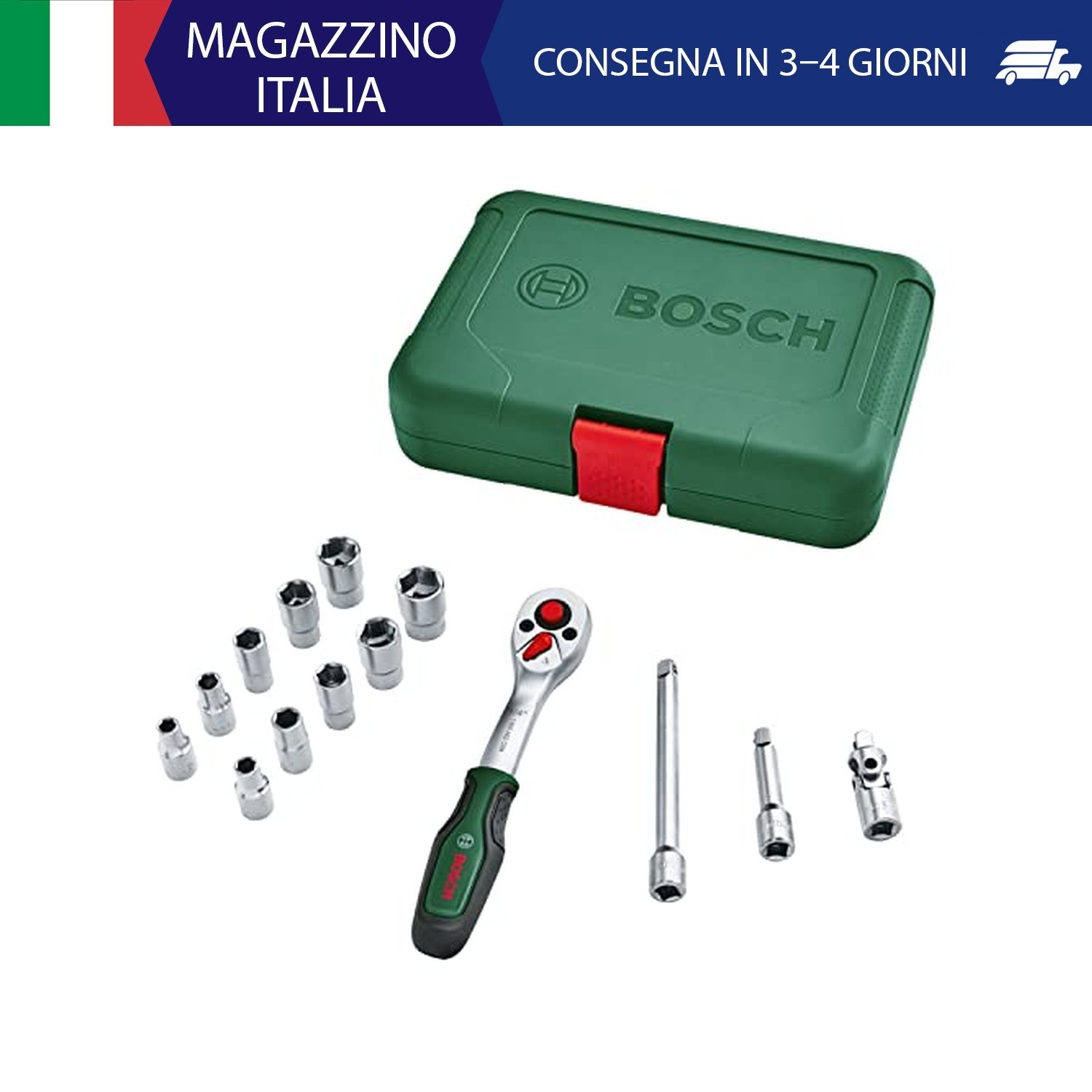 Bosch Set da 14 pezzi di cricchetti/bussole da 1/4"(set di bussole versatile, di